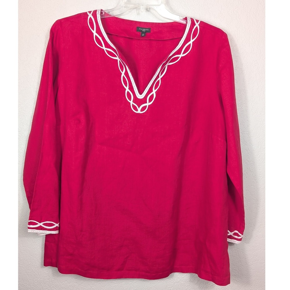 TALBOTS Red Linen V-Neck Tunic Top 3/4 Sleeve White Trip Plus Size 2X